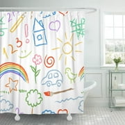 KSADK Colorful Draw Children Doodle Sketch Kid Rainbow Brush Flower Abstract Bird Bright Shower Curtain Bath Curtain 66x72 inch