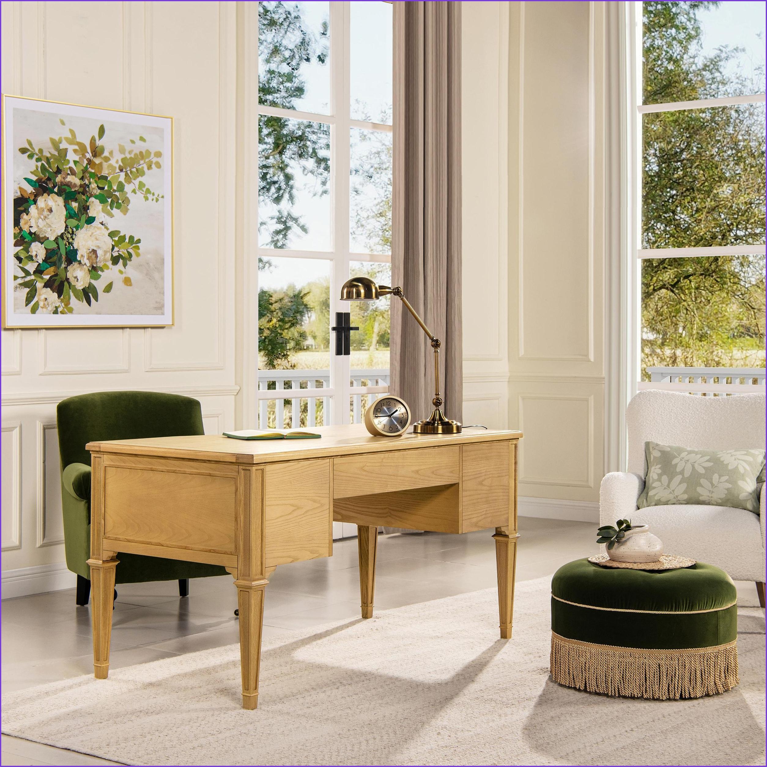 Desks, 5-Drawer Executive Desk with Gold Accents Natural Brown Wood | Brown | Solid Wood+MDF