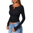 thumbnail image 3 of Women's Long Sleeve Shirts Henley Casual Fall Outfits Fitted Tops Ribbed Fashion Basic Tees Black L, 3 of 8