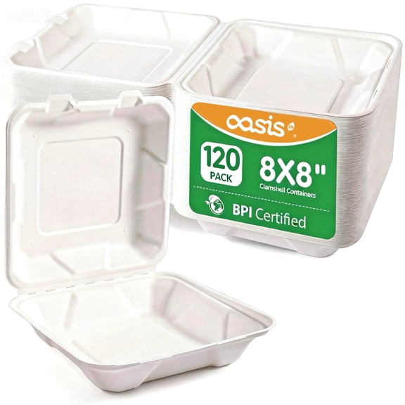 Disposable To Go Boxes,OasisSN Compostable 8x8 Inch Takeout Containers with Lid, To Go Take Out Clamshell for Food, Eco-Friendly Biodegradable Bagasse Lunch Box,120 Count