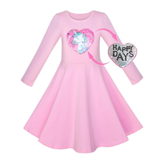Robe Fille Coton Rose Unicorn Sequins Manches Longues Décontractée 8 Ans