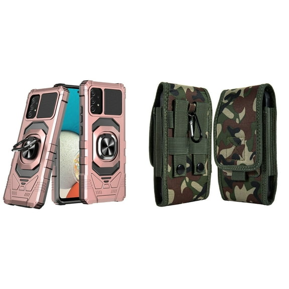 Case with Belt Holster Bundle for Samsung Galaxy A53 5G: Heavy Duty Shield Cover (Rose Gold) and Vertical Rugged Nylon Phone Pouch (Green Camo)