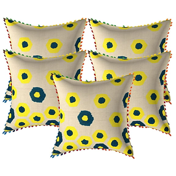 Stylo Culture Indian Couch Throw Pillow Covers 16 x 16 Towel Embroidered Dark Green Bright Yellow Zippered 40x40 cm Pom Pom Lace Cotton Geometric Square Cushion Covers | Set Of 5