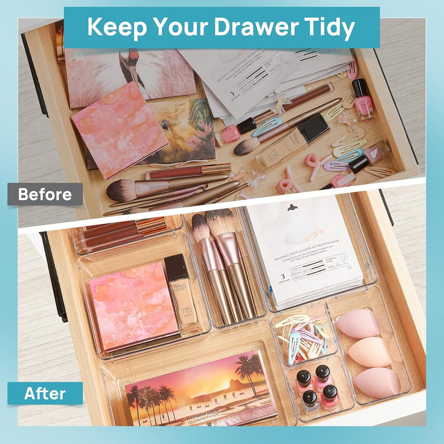 GoXteam Drawer Organizers Set of 25, 4 Sizes Clear Plastic Drawer Organizers and Storage Bins for Kitchen, Bathroom, Office, Dresser Desk Drawer Organizer Tray for Jewelry, Makeup, Junk, Gadgets