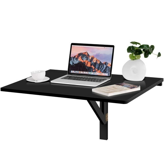 Gymax Wall-Mounted Drop-Leaf Table Floating Folding Desk Space Saver Black