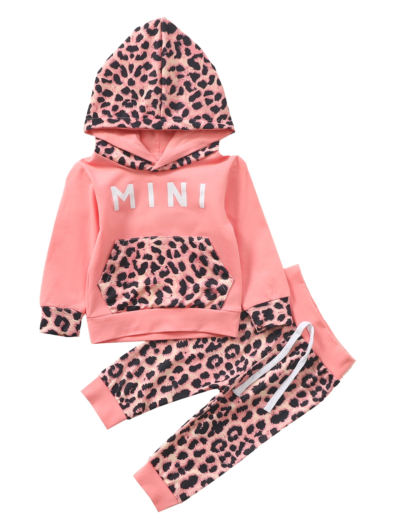 2PCS Kids Baby Girl Leopard Print Hooded Hoodie Tops Pants Tracksuit Outfits Set 