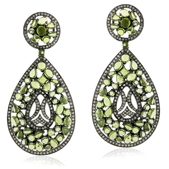 Pear Shape Dangle Earrings Peridot Pave Diamond 18k Gold Silver Jewelry With Free Jewelry Box