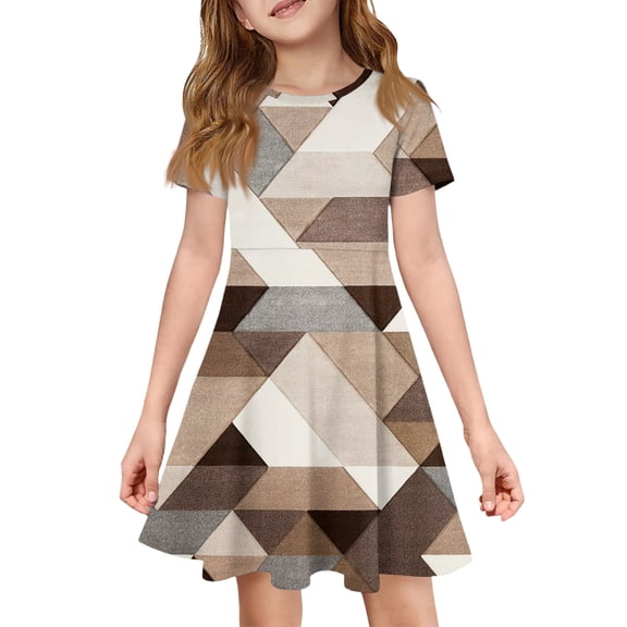 CCRFTGI Dresses for Children Girls 10-12 Casual Short Sleeve Summer A Line Skater Dress Cute Geometric Print Dresses Holiday Girls Fashion Brown 3-4 Years