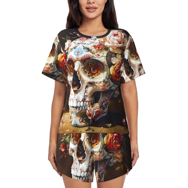 Balery Rose Floral Skull Conjunto de Pijama para Mujer con Estampado, Dos Piezas de Manga Corta y Shorts, Ropa de Dormir Suave con Cuello Redondo y Bolsillos-3X-Large