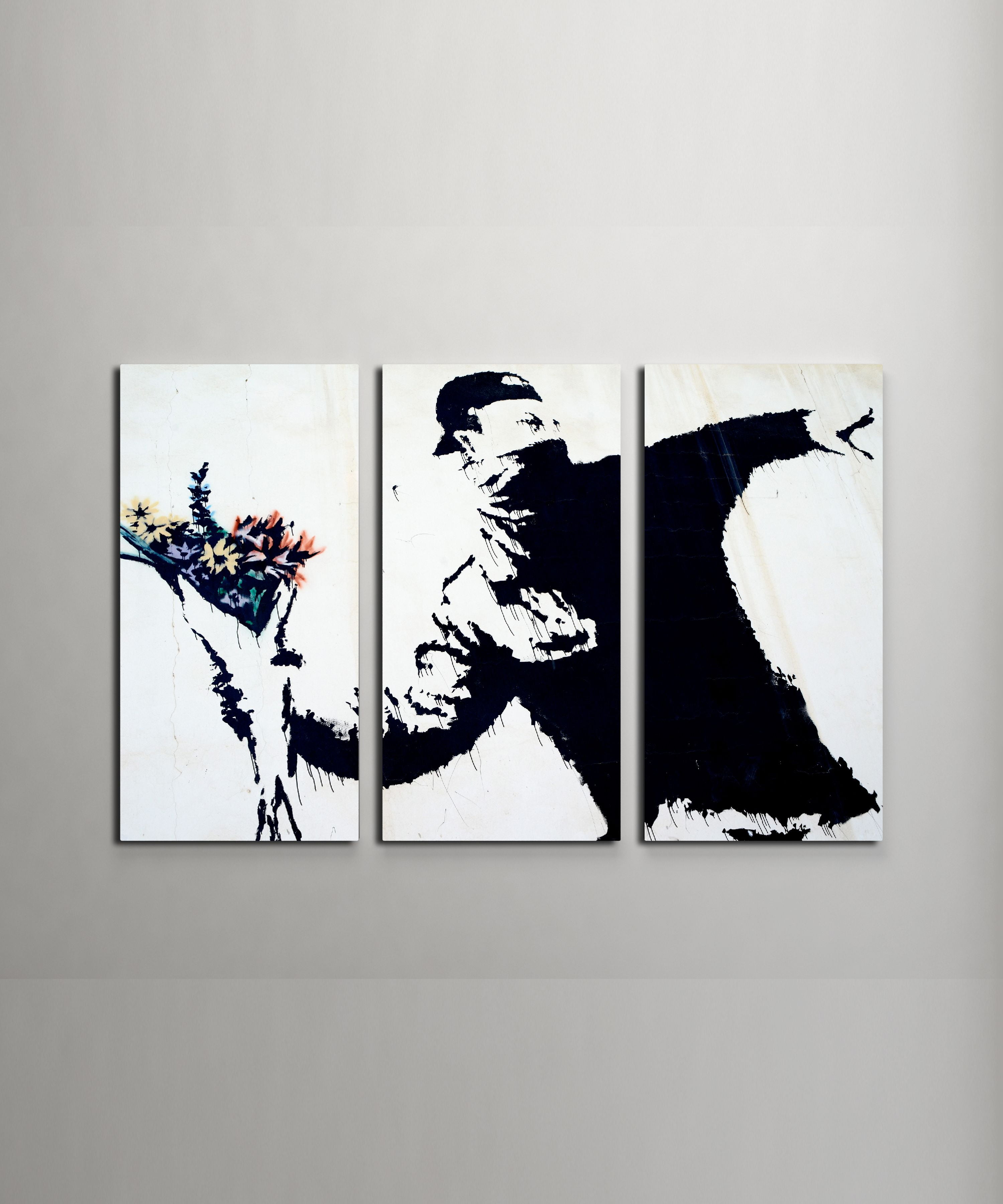 Banksy Flower Thrower Gallery Wrapped Canvas Triptych Wall Art 48"x30"