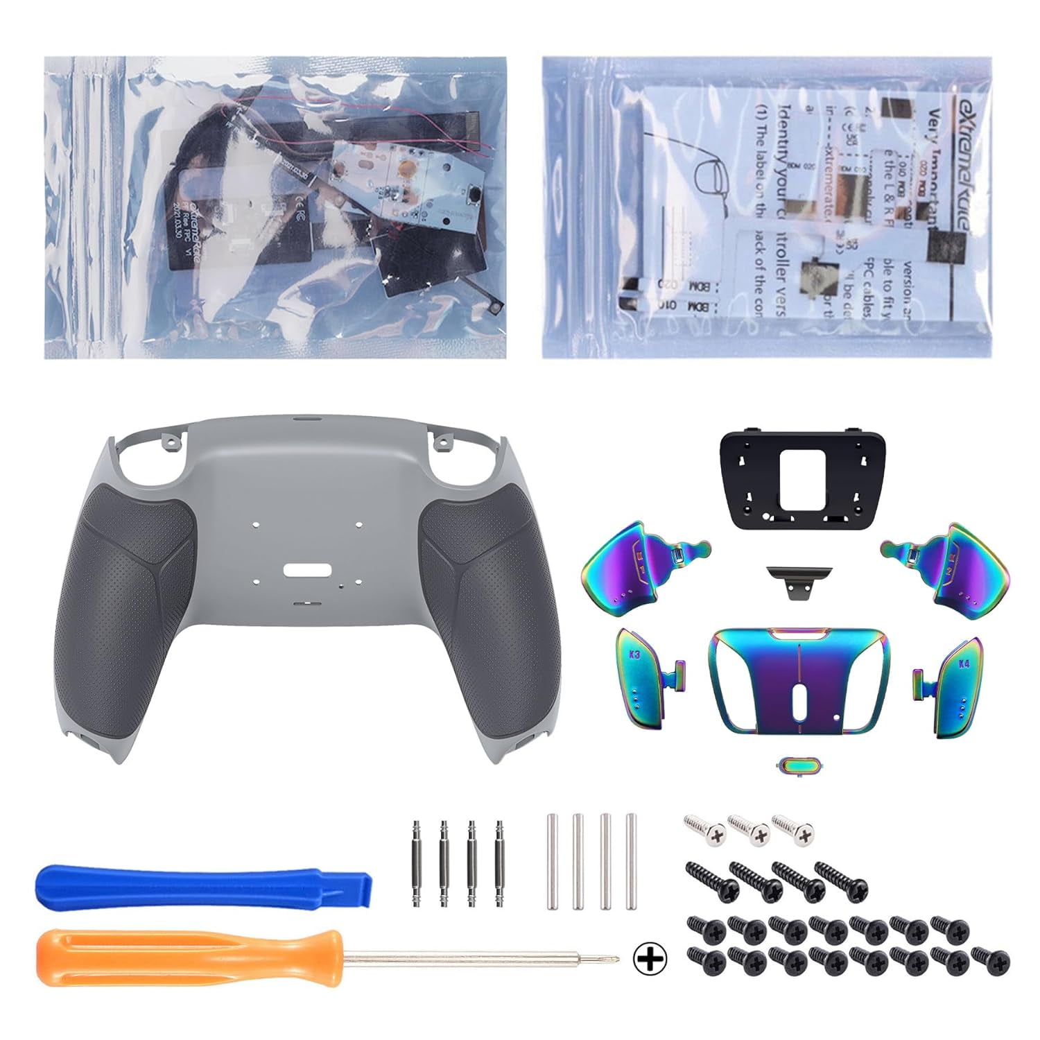 eXtremeRate Rainbow Aura Blue Purple Programmable Real Metal Buttons (RMB) RISE4 Remap Kit for PS5 Controller BDM 010 BDM 020, Upgrade Board & Chameleon Back Shell & 4 Back Buttons for PS5 Controller