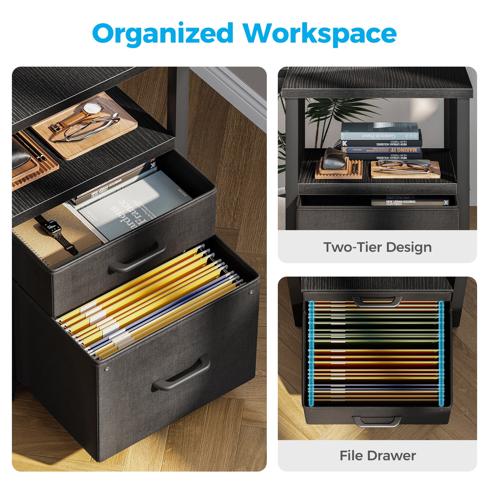 Casacomoda 55 inch Computer Desk with 5 Drawers and File Cabinet for Storage, Office Desk with Storage Shelf & Power Outlets, Home Office Desks,  Black