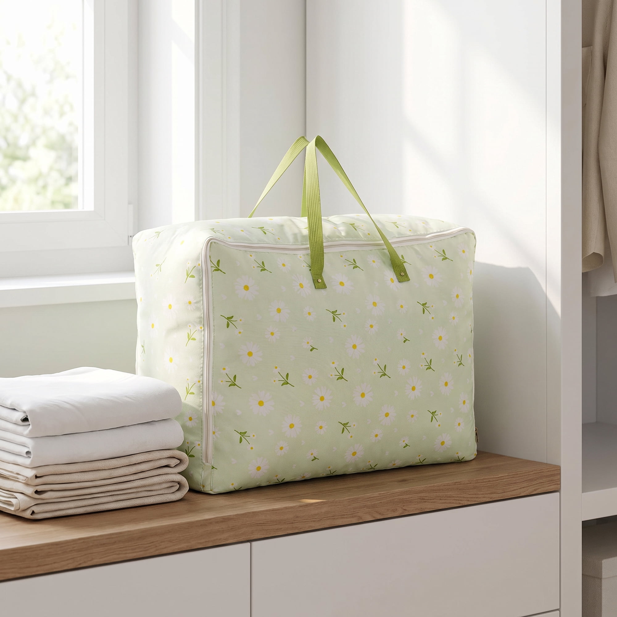 Unique Bargains Dustproof Floral Zipper Large Moving Bag Green 23.6" x 9.8" x 15.7"