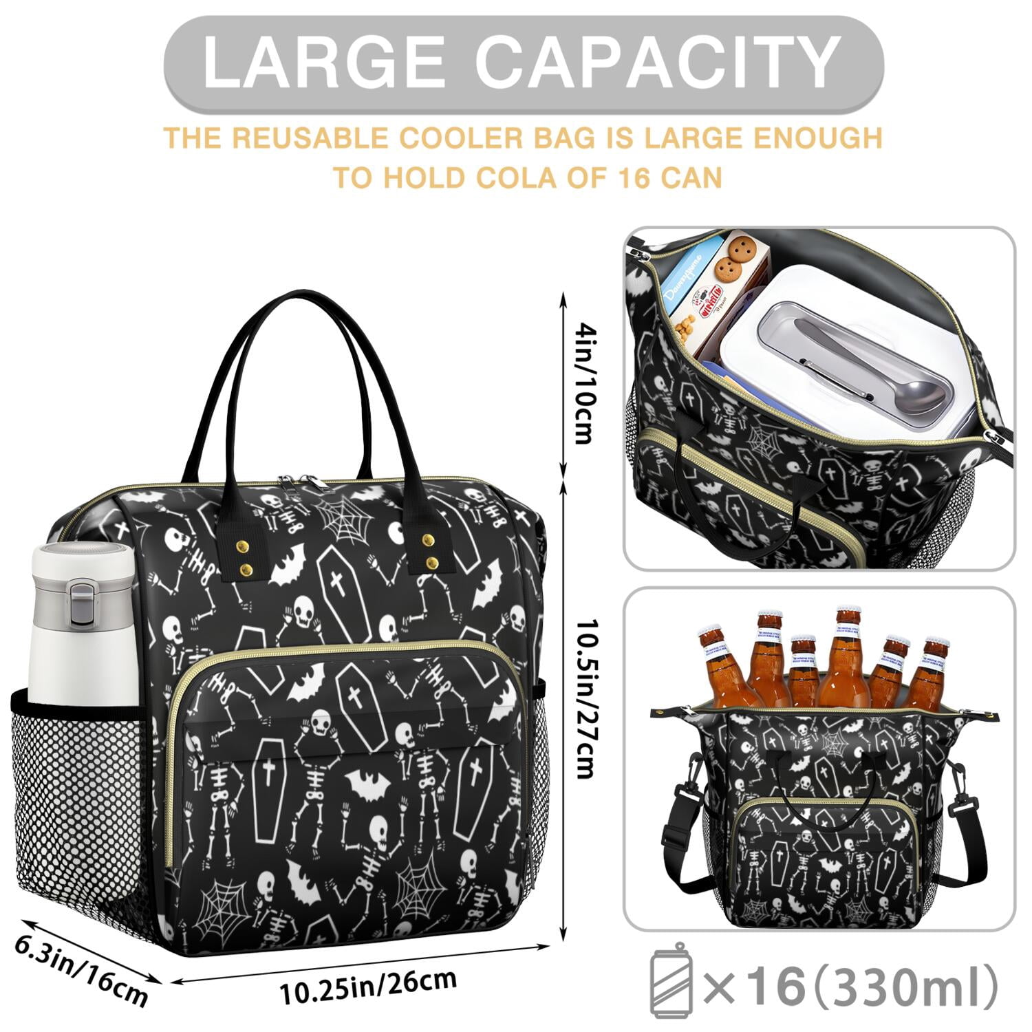 Halloween Skeleton Coffin Pattern Womens Lunch Box for Work,Insulated Large Lunch Bag for Tween and Teen,Loncheras Para Mujer,Leakproof Adult Lunch Bag for Work,Beach,Travel,Picnic,Camping