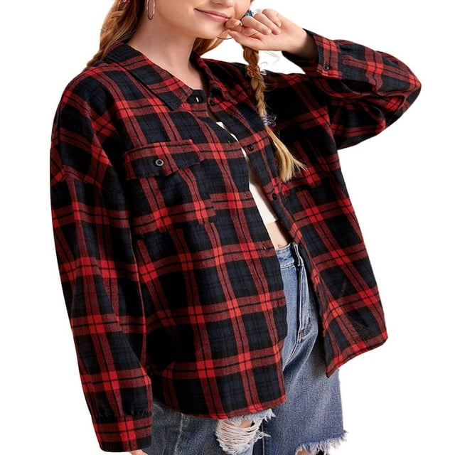 Women Plaid Shirt Flannel Oversized Checked Shirt Long Sleeve Blouse Tops