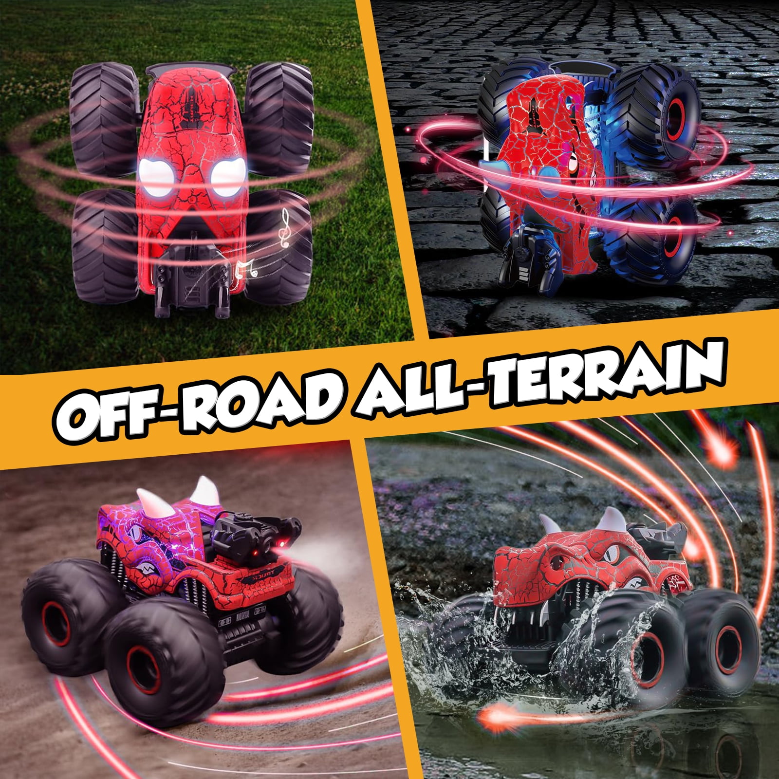 Huge Wave Remote Control Dinosaur Car, 2.4GHz RC Monster Trucks for Boys with Spray, Light & Sound, All Terrain RC Cars with 2 Batteries,Birthday Gifts Dinosaur Toys for Boys 3-6 Years,Red