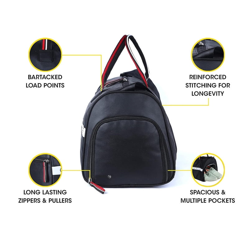 Gear Essentials 27L Faux-Leather Water Resistant Travel Duffle Bag/Gym Bag for Men/Women with Shoe Compartment (Black)