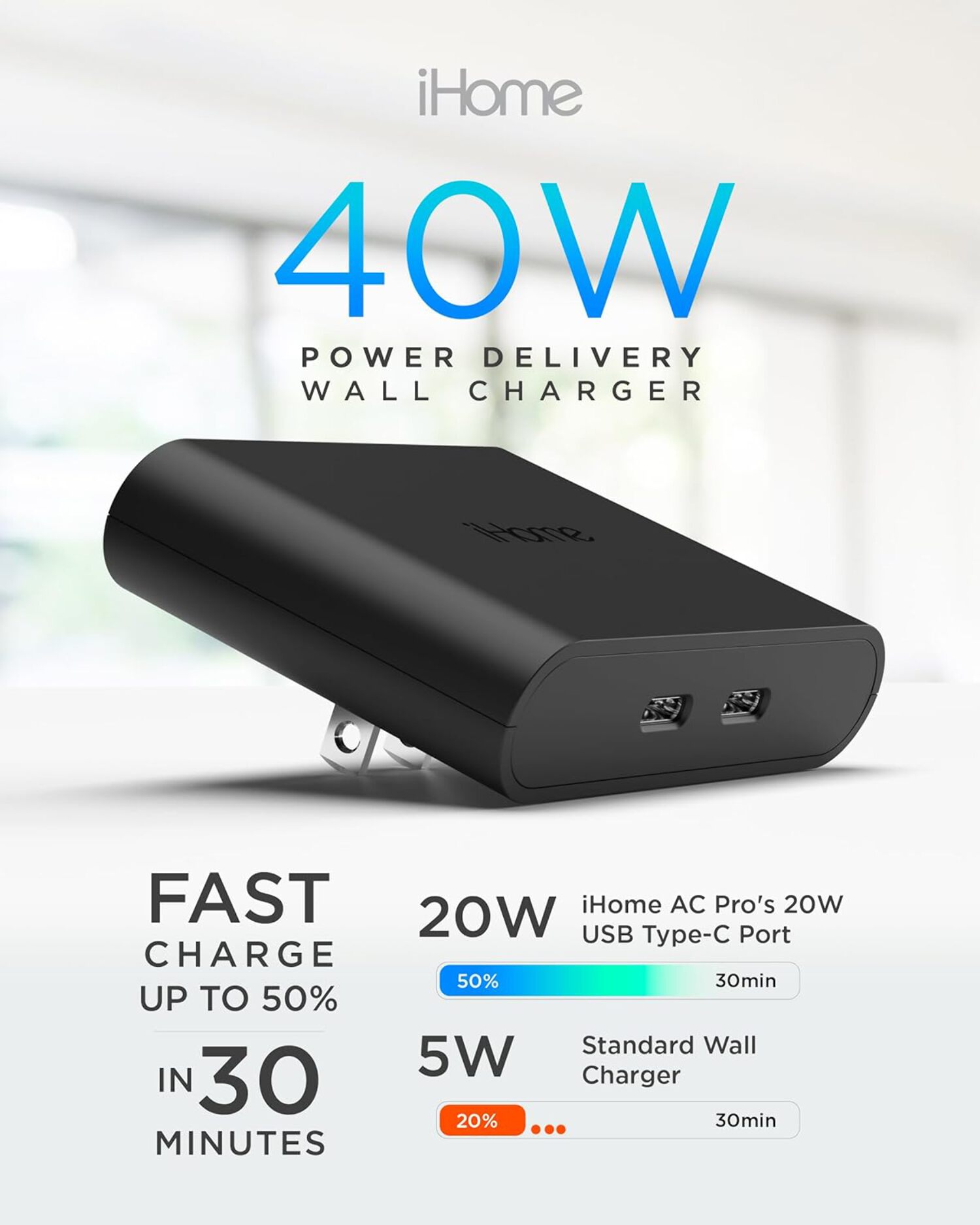 iHome 40W USB-C Multiport Wall Charger, 2-Port AC Adapter, Dual Fast Charging