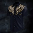 thumbnail image 2 of Classic Western Denim Short Sleeve Shirt Leopard Print Button Down Top with Snap Pockets for Cowboy Style Navy L, 2 of 3