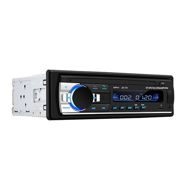 reproductor de mp3 para coche con bluetooth 520, radio mp3, tarjeta de disco u, máquina de conexión, dvd y cd para coche Heldig — vista frontal centrada de autoestéreo negro con perilla circular retroiluminada azul, pantalla LCD que muestra pista y tiempo, botones de modo y banda, ranura para USB/TF y carcasa metálica trasera visible; útil para reproducir MP3 y emparejar por Bluetooth, y a menudo usado para reproducir audio desde memorias USB en viajes.