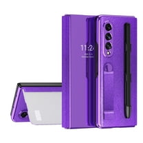Galaxy Z Fold 3 5G Case with Removable S Pen Pocket, Dteck Slim Leather Hybrid Mirror Surface Kickstand Cover with Portable Strap for Samsung Galaxy Z Fold3 5G, Purple