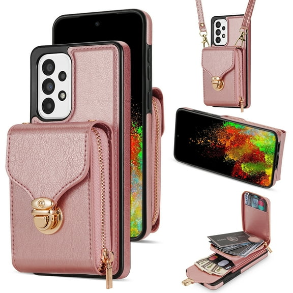 Feishell Crossbody Wallet Case for Samsung Galaxy A52 4G/5G,with Detachable Shoulder Strap,Premium PU Leather Metal Snap Zipper Pocket Credit Card Holder Kickstand Phone Case for Women Men,Rosegold
