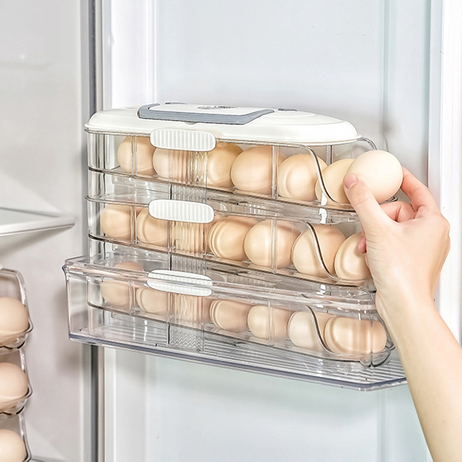 Rolling Egg Organizer, Egg Dispenser Fridge with Gravity Fed Slide Tray, Stackable Refrigerator Egg Storage Box with Protective Lid, Kitchen Counter and Side Door Egg Slide Organizer