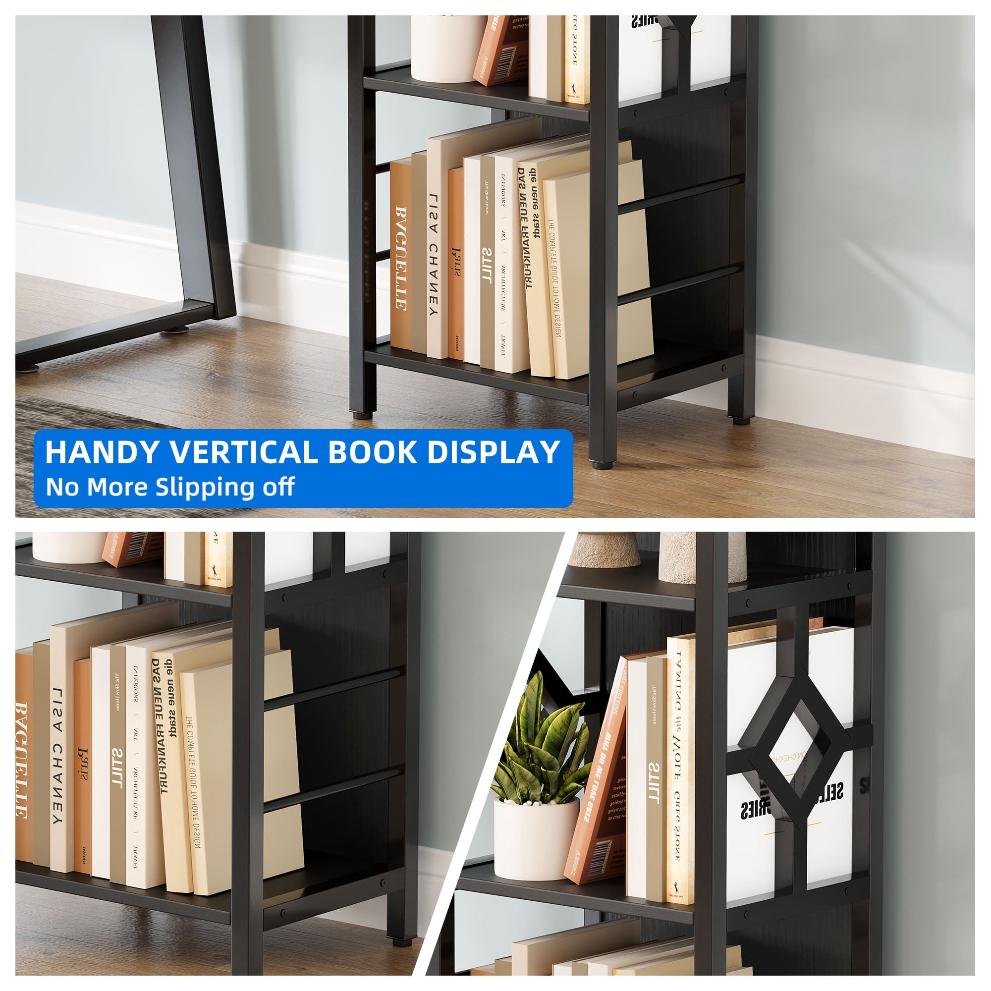 Dextrus 5-Tier Industrial Bookshelf, Tall Narrow Bookcase with Metal Frame, Open Storage Display Rack Etagere Shelves for Living Room, Home Office, Black