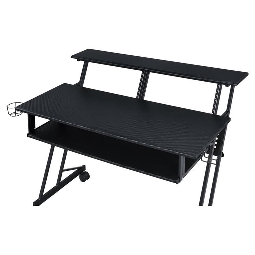 Pemberly Row 1-Shelf Music Recording Studio Desk in Black with 1 Keyboard Tray, 4 Caster Wheels, 1 Cup Holder, 47"L x 27"W x 38"H