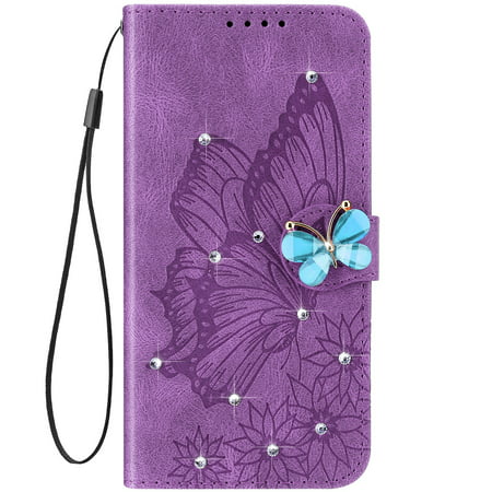 Hpory Huawei P Smart 2019/Honor 10 Lite Purple Retro Pattern Large Butterfly Point Drill Embossed Leather Case with Lanyard
