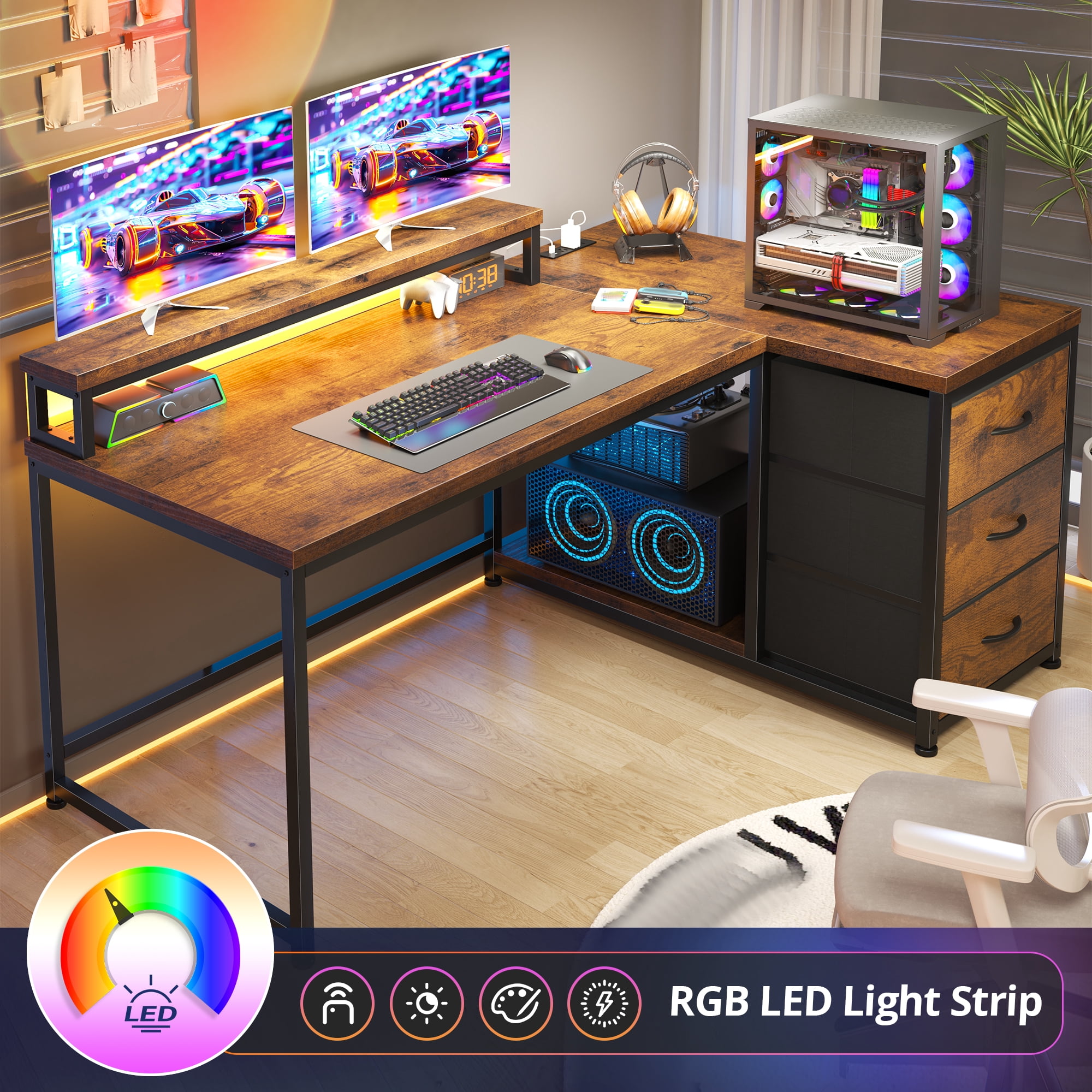 40"L Computer Desk l Shaped Gaming Desk with LED Lights & Power Outlet Desk with Drawers Reversible Corner Desk with Monitor Stand for Gaming Room,Home Office,Bedroom,Rustic Brown