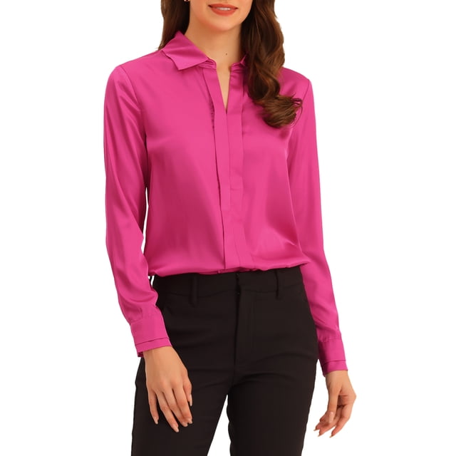 CAMISAS ELEGANTES PARA MUJER INSPIRADAS CHIC, CON CUELLO PUNTA V Y MANGAS LARGAS, BLUSA DE SATÉN SUAVE EN ROSA FUCSIA TAMAÑO S