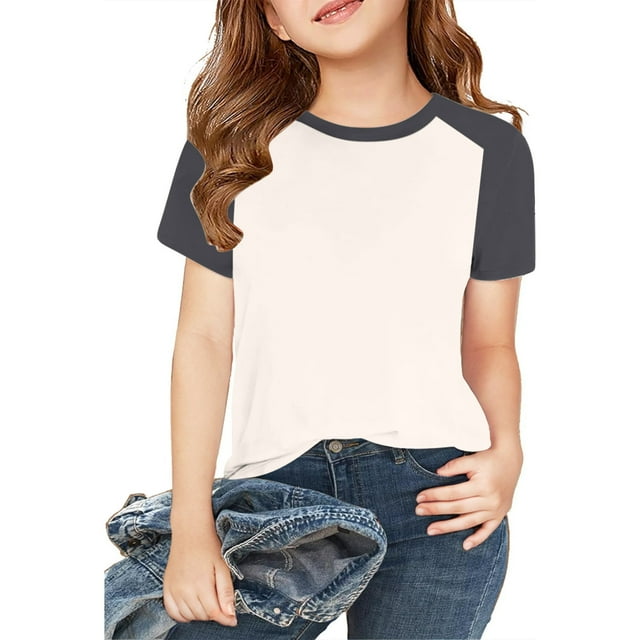 VKOYWKM T-Shirts d'Été pour Filles, Hauts Raglan à Blocs de Couleur, Manches Courtes, Col Rond Décontracté, T-Shirts, Coton Doux, T-Shirts Basiques, Gris Foncé, 3 Ans