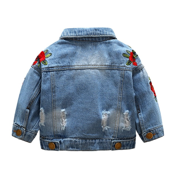 Autumn Girls Denim Jacket With Embroidered Flowers - Lapel Cowboy Style, Lightweight, Sizes 2T-8T