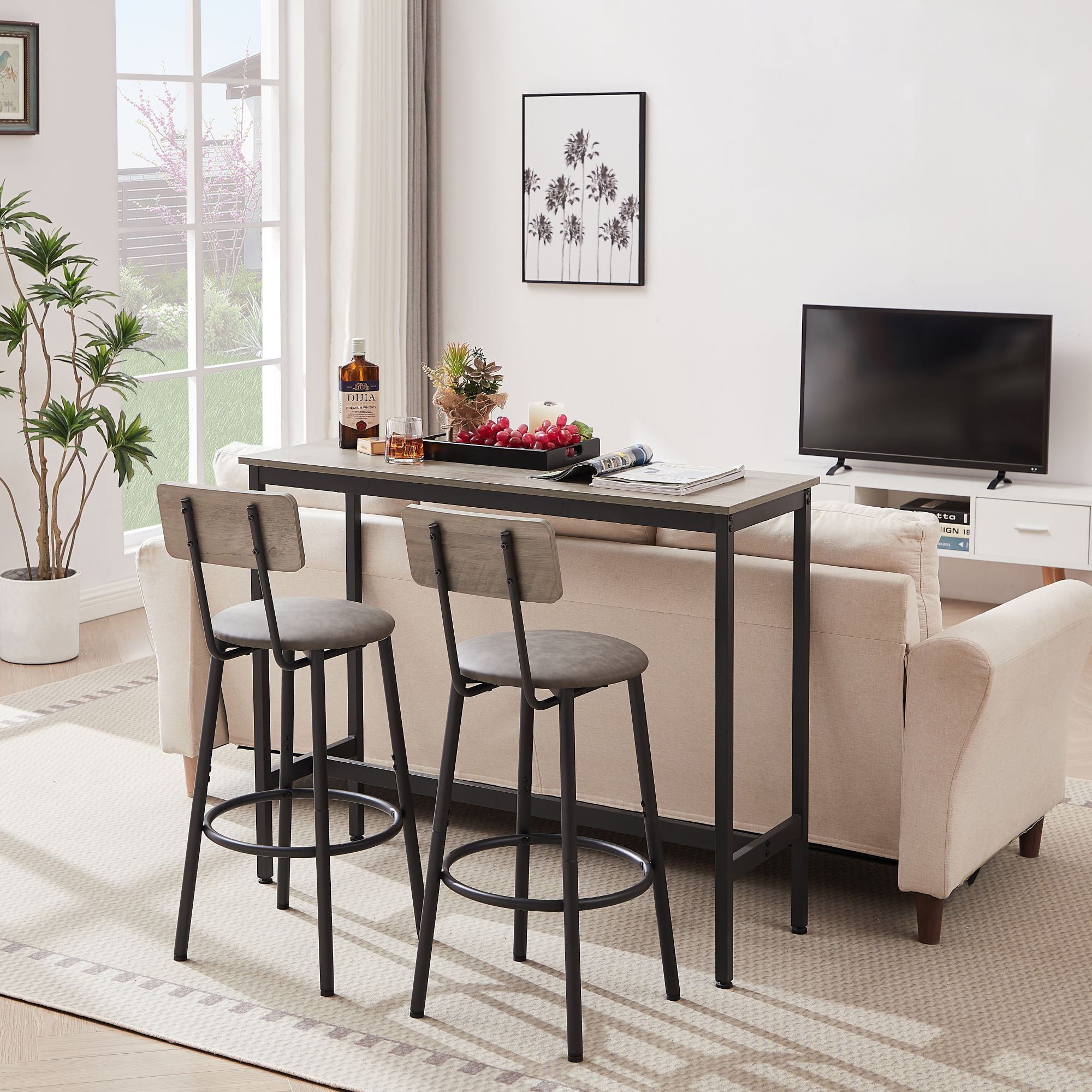 AUKFA 3-Piece Bar Table Set, Pub Dining Table & PU Upholstered Stools with Backrest for Kitchen Small Space, Gray