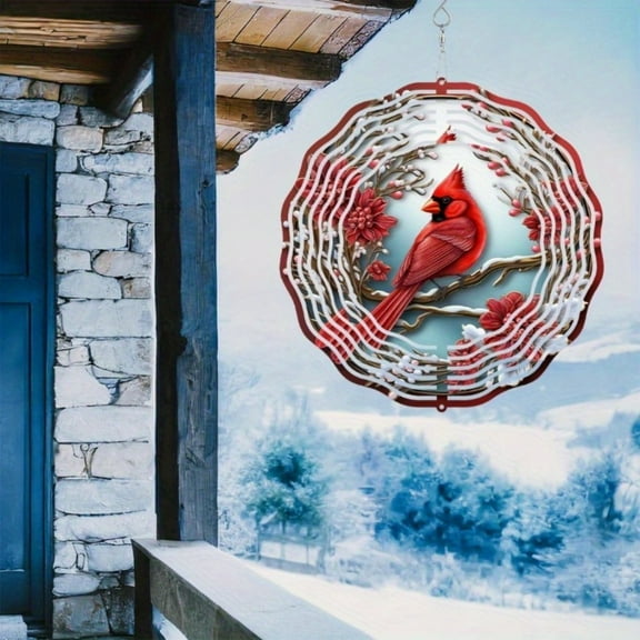 YUNOVA Cardinal Wind Spinner with Pine & Floral Design, 10 Inch Metal Garden Spinner for Outdoor Decor, Holiday Decoration for Patio, Lawn, Garden, Christmas Gift