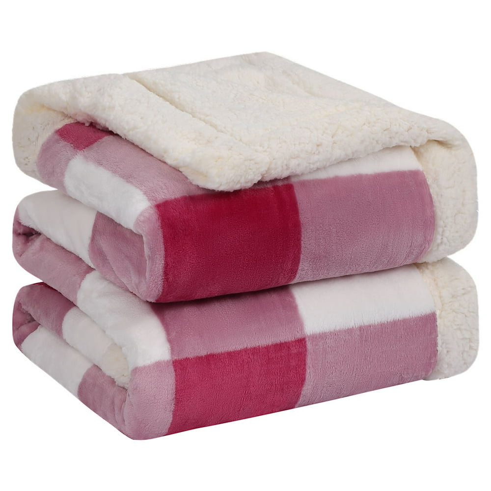 Soft Fuzzy Plush Sherpa Fleece Throw Blanket Red White Plaid Throw（50