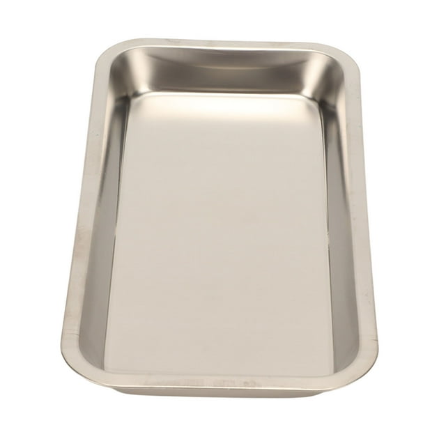 bandeja de almacenamiento, bandeja quirúrgica de acero inoxidable resistente a altas temperaturas, rectangular, liviana, de gran área para cosméticos para instrumentos dentales Centrada, vista cenital de una bandeja rectangular de acero inoxidable 304 con esquinas redondeadas, paredes bajas, superficie pulida y borde con película protectora azul; tamaño aprox. 23x12x2 cm, a menudo usada para ordenar instrumentos médicos o cosméticos en mesa de trabajo.