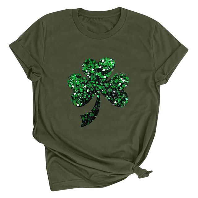 Dealovy T-Shirts de la Saint-Patrick pour Femmes à Manches Courtes, Col Rond, Coupe Ample, T-Shirts Graphiques Trèfle et Cœur