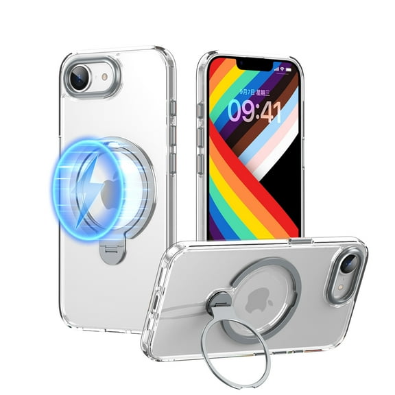 Dteck for iPhone 16e Case 2025, Compatible with MagSafe, Built-in Rotatable Ring Holder Matte Lightweight Military Grade Protection Shockproof Phone Case for iPhone 16e 6.1",Clear