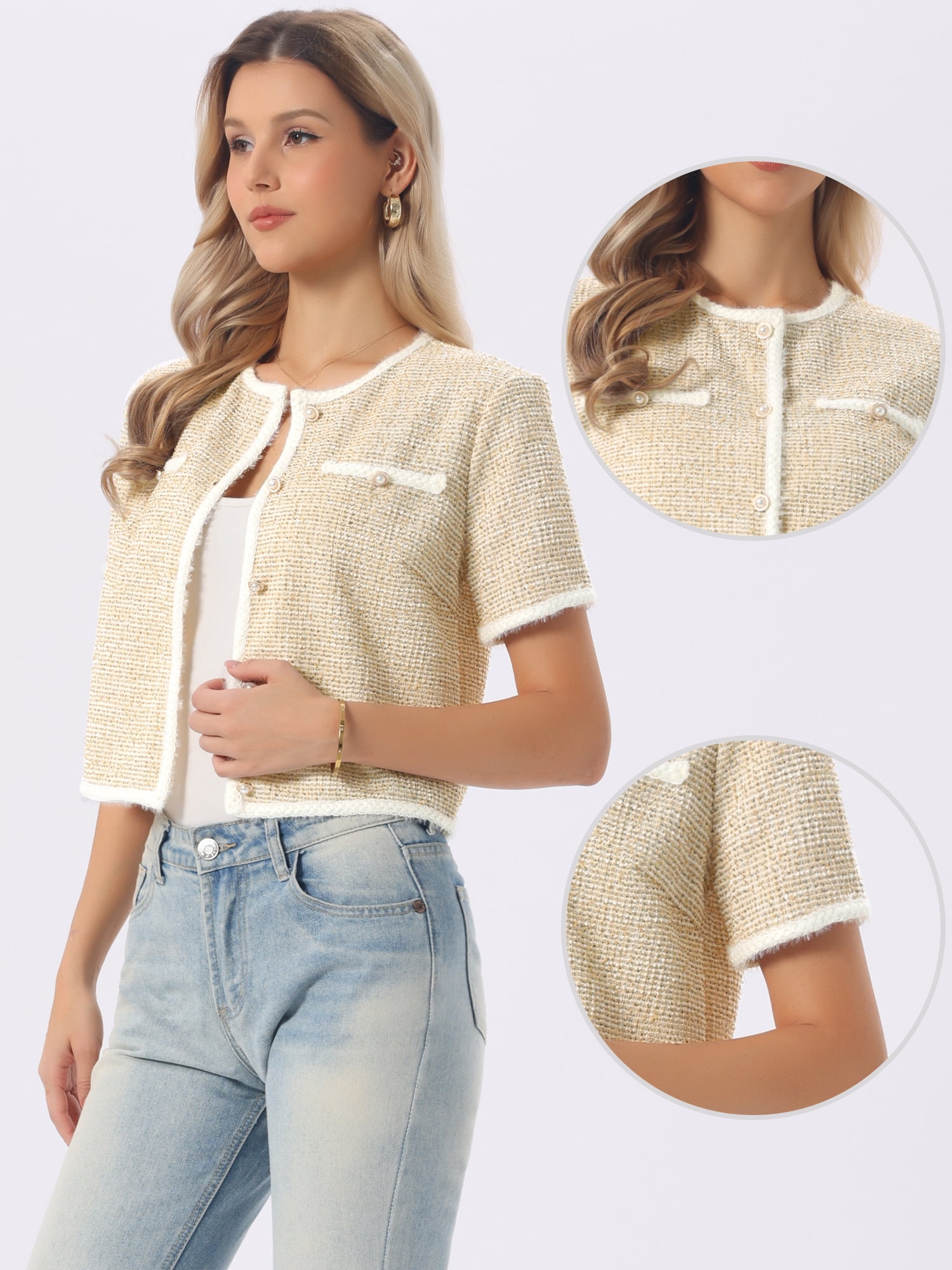 DARING DIVA Women's Short Sleeve Tweed Jacket Crew Neck Button Front Cropped Cardigan S Yellow