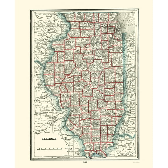 Historic State Map - Illinois - Rathbun 1893 - Vintage Wall Art