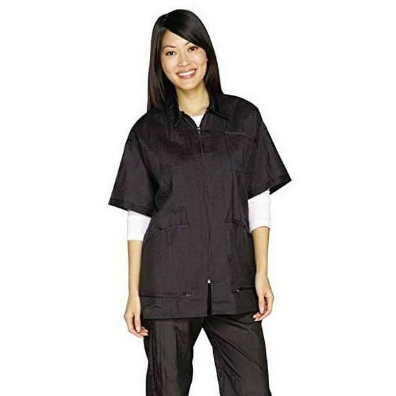 Black Zip Front Grooming Jackets - Short Sleeve Barber Stylist Groomer's Apparel(Large Black)