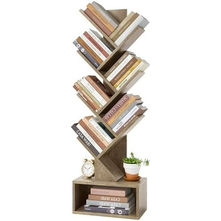 6 Tier Tree Bookshelf, Tall Bookcase with Drawer, Freestanding Book Shelf, Display Floor Standing Storage Shelf, Book Organizer Shelves for Home Office, Living Room, Bedroom, Black