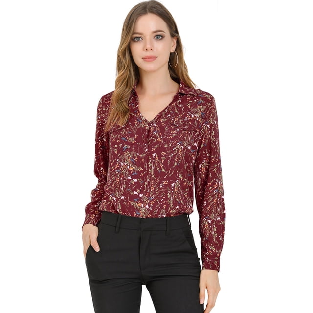 Blusa elegante Allegra K de manga larga con bolsillo de imitación floral con cuello en V para mujer borgoña XL