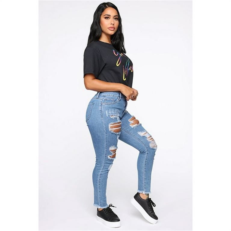 Breniney High Idolize High Trousers Pocket Waist Elastic Pants Jeans Denim  Hole Loose Women's Jeans