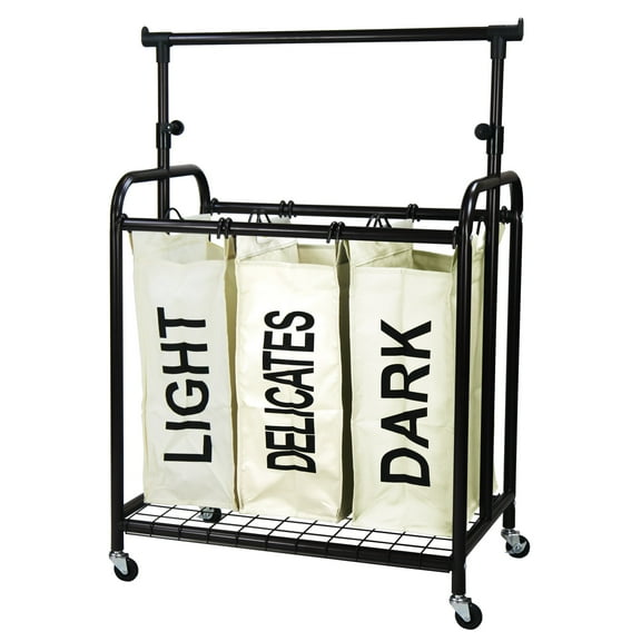 Oceanstar 3-Bag Rolling Metal Laundry Sorter with Adjustable Hanging Bar, White Color, 28 L x 18.12 W x 41 H inches, Age Group Adult, TLS1385-HG-WHITE