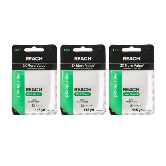 REACH Waxed Dental Floss, 115yd 3 Pack, 2X More Value, Mint, PFAS-Free, Plaque Remover, Shred Resistant, Gentle on Gums & Teeth, Oral Care, for Adults & Kids, Oral Care