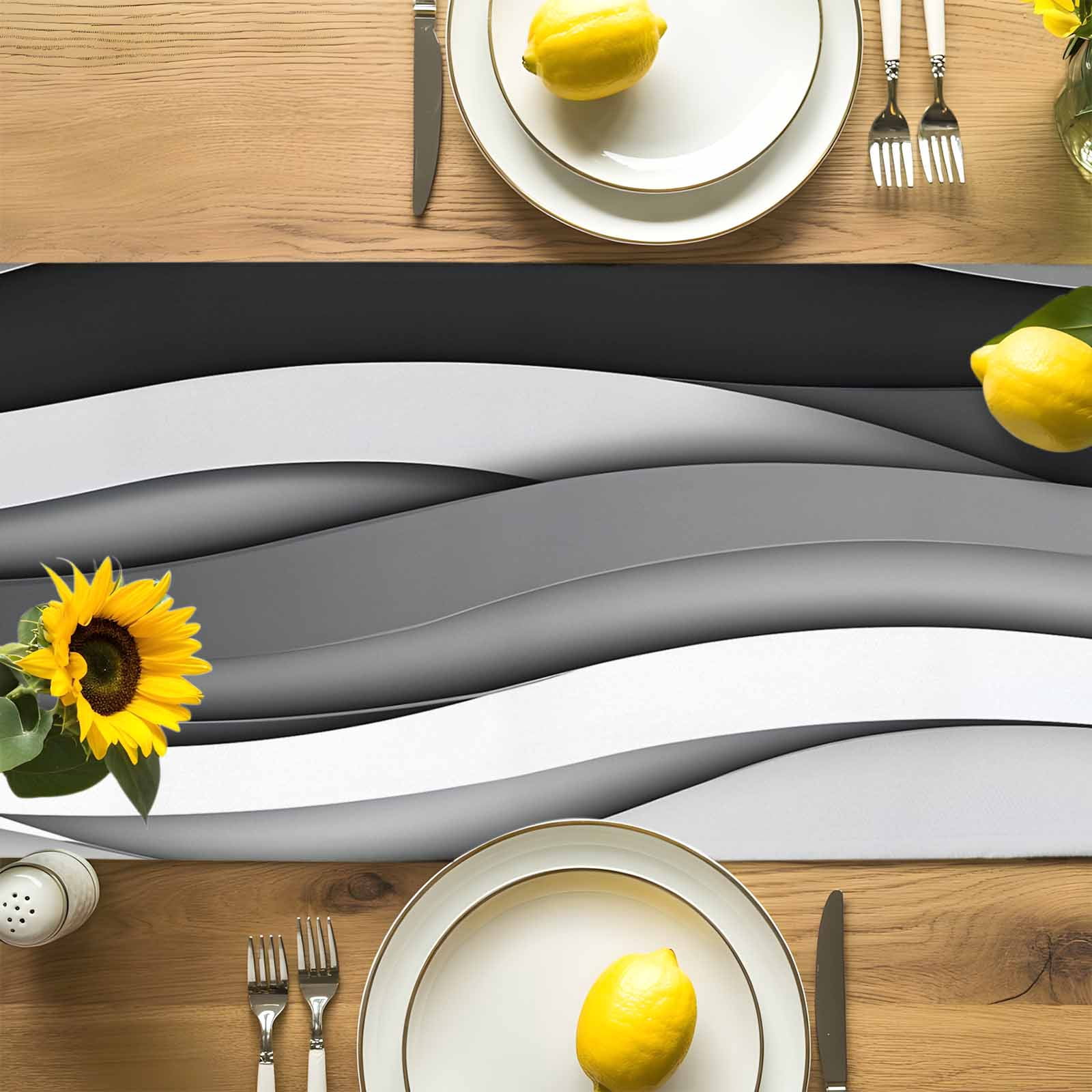 Gray Gradient Abstract Geometric Table Runner 90 Inches Long, Water Ripples Table Runners Tabletop Scarf Kitchen Dining Tables Decoration for Home Party Indoor Outdoor