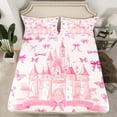thumbnail image 2 of Homewish Dreamy Princess Castle Queen Sheet Sets,Cute Bowtie Ribbon Flat Sheet,Pink Fairy Tale Queen Fitted Sheet For Girls Kids,Breathable Home Decor,4pcs, 2 of 7